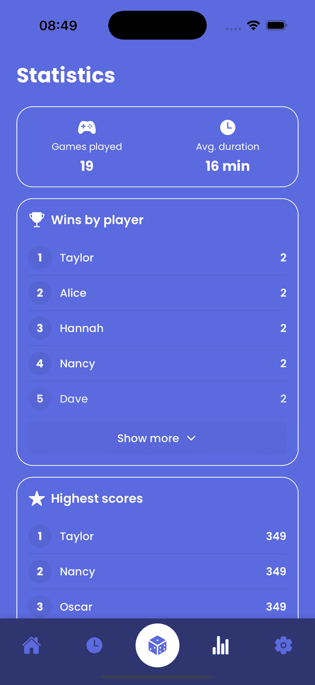 Dicey Combos statistics screen displaying detailed game analytics, high scores, and performance tracking for Yahtzee
