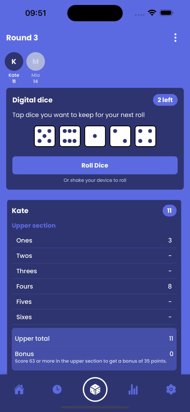 Dicey Combos game screen showing Yahtzee scorecard with digital dice and scoring suggestions