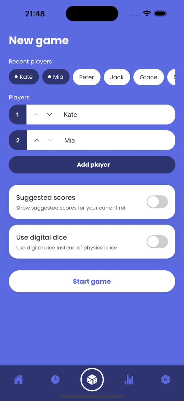Dicey Combos multiplayer setup screen showing options to add multiple players for group Yahtzee games